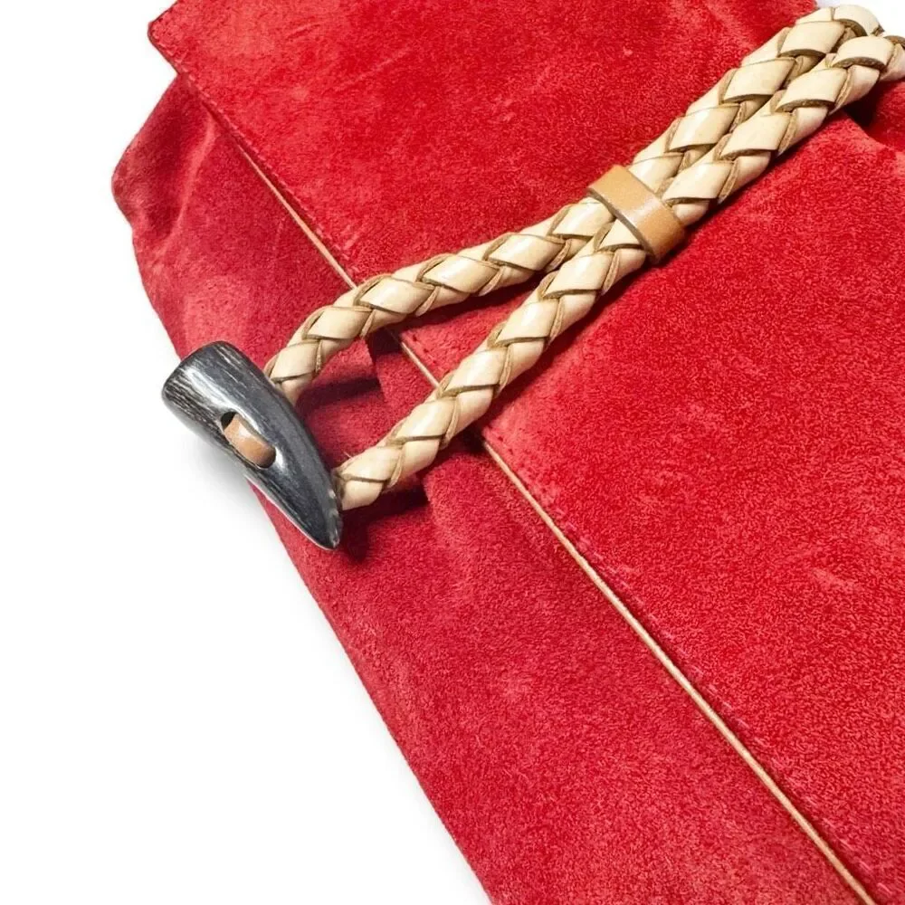 BURBERRY Suede Haymarket Check Horn Toggle Braided Leather Shoulder Bag Red
